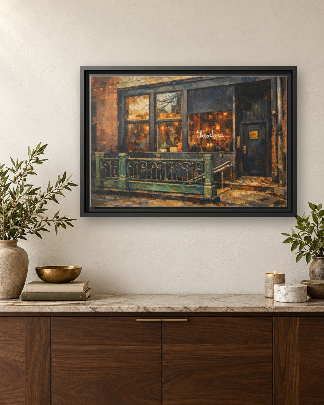 Theodora framed canvas print hanging above a credenza