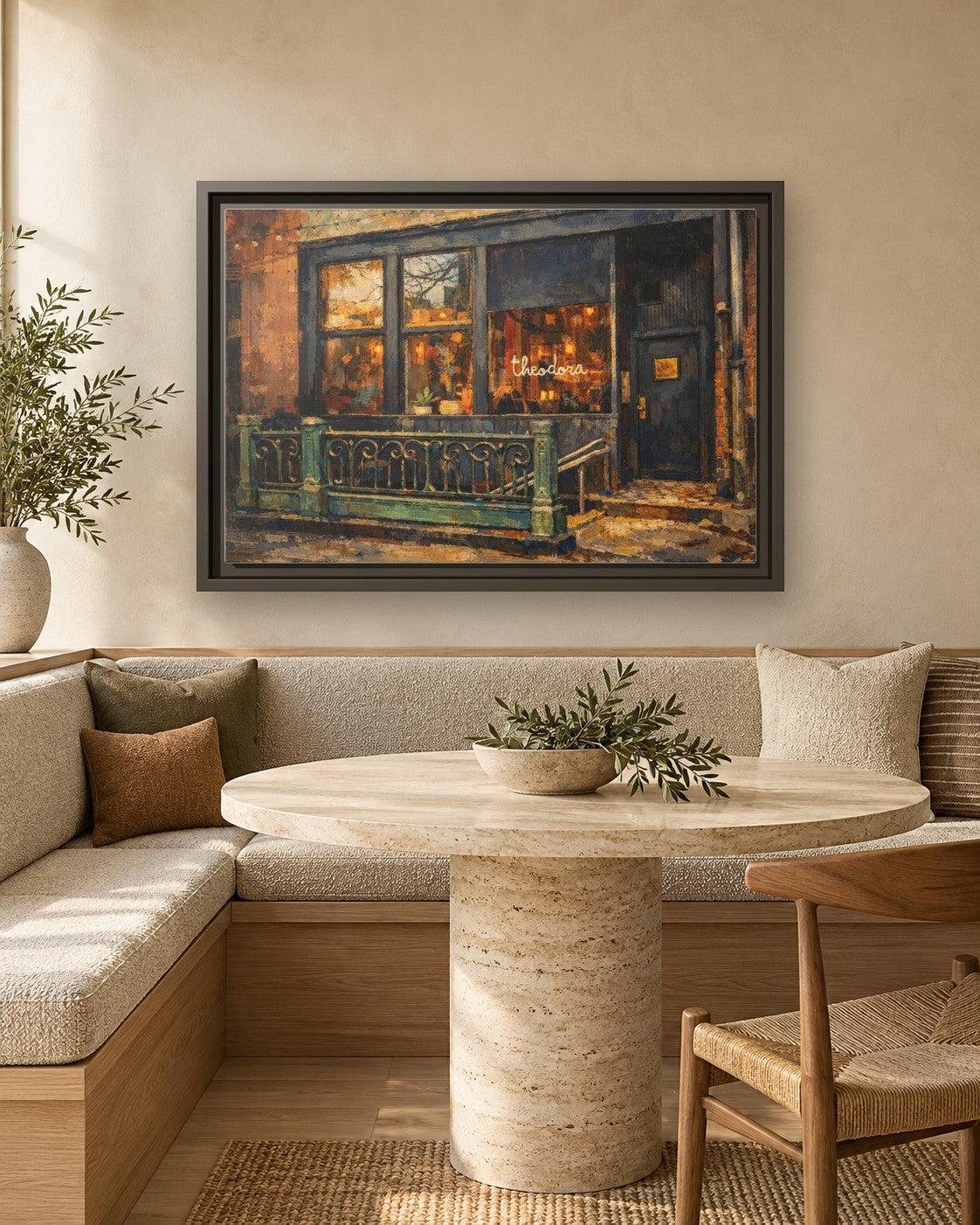 Theodora framed canvas print in a breakfast nook