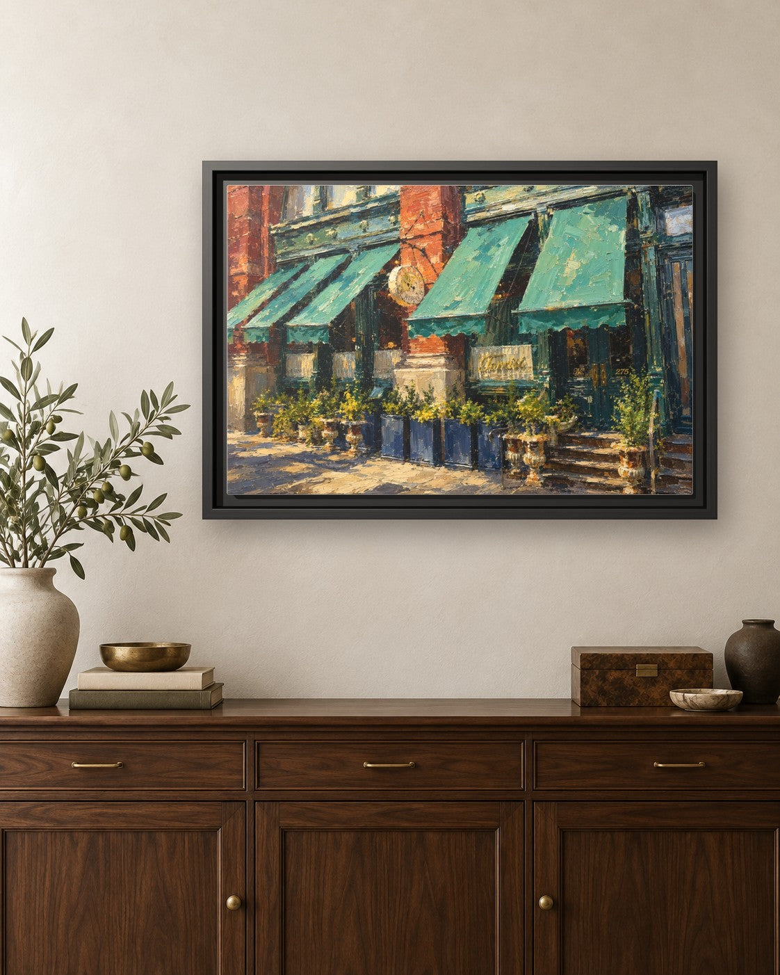 Torrisi framed canvas print hanging above a credenza