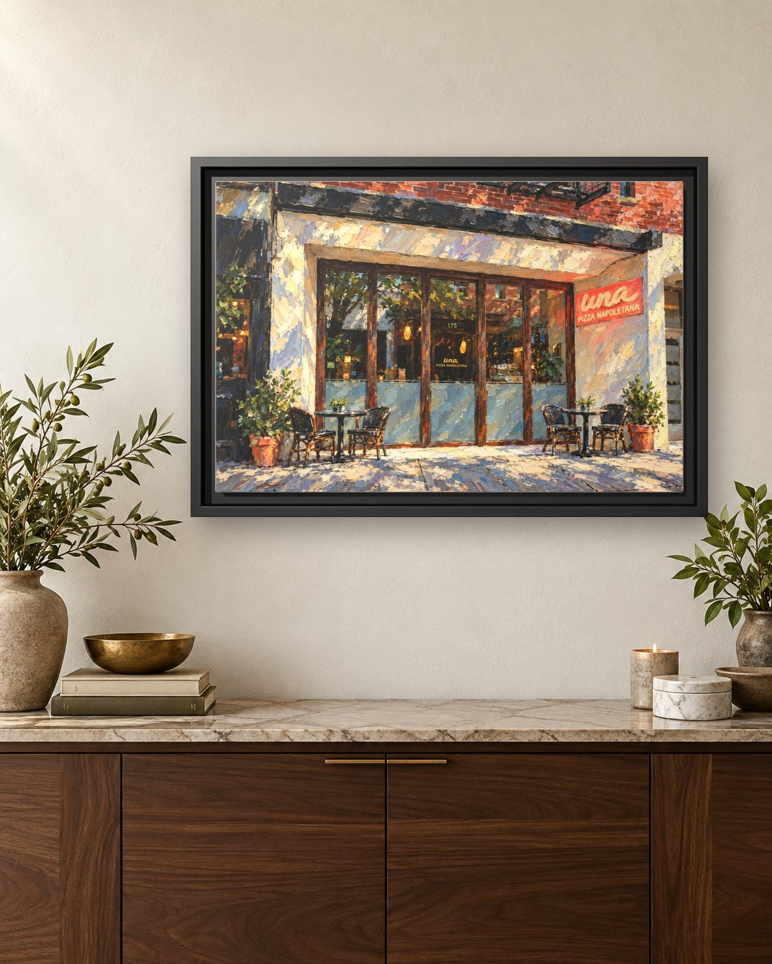 Una Pizza Napoletana framed canvas print hanging above a credenza