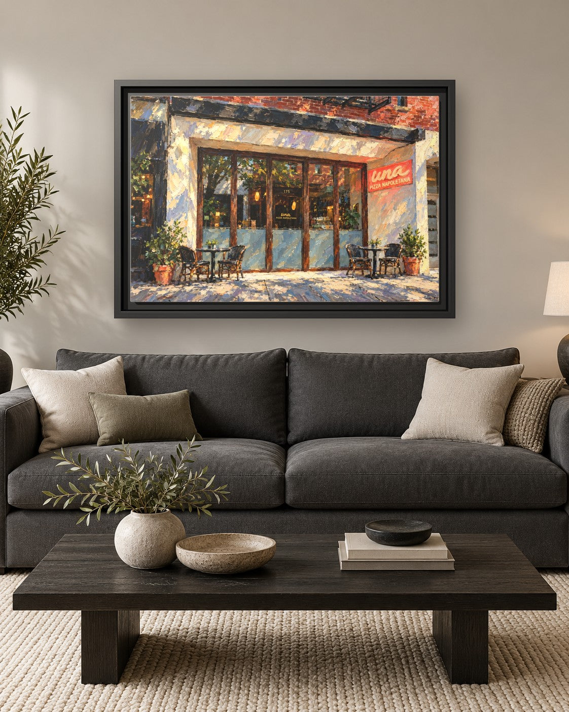 Una Pizza Napoletana framed canvas print hanging above a sofa
