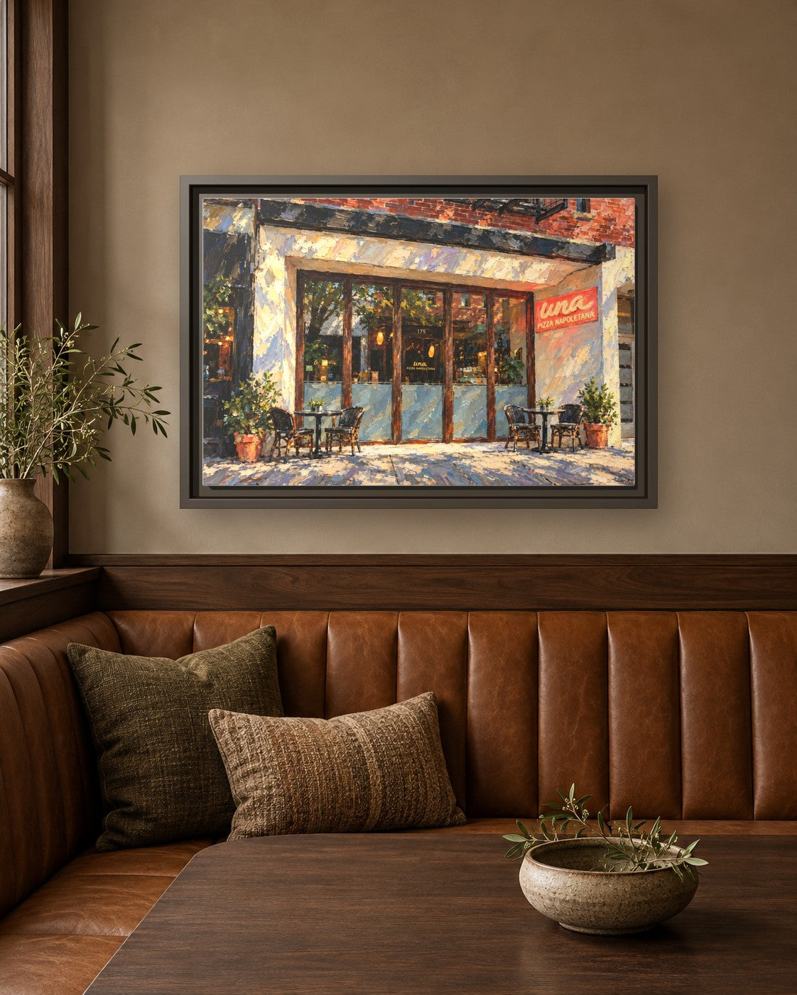 Una Pizza Napoletana framed canvas print in a breakfast nook