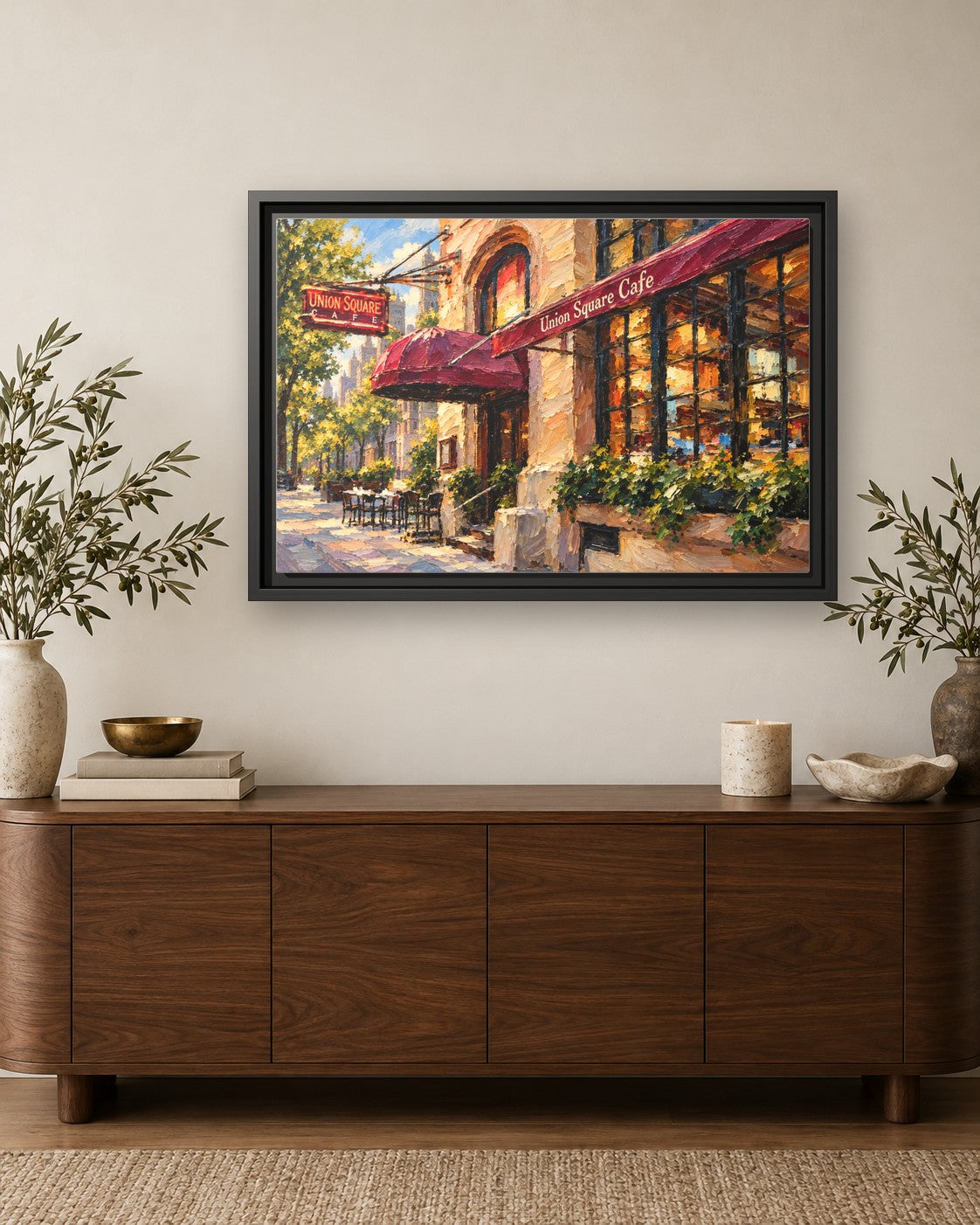 Union Square Cafe framed canvas print hanging above a credenza