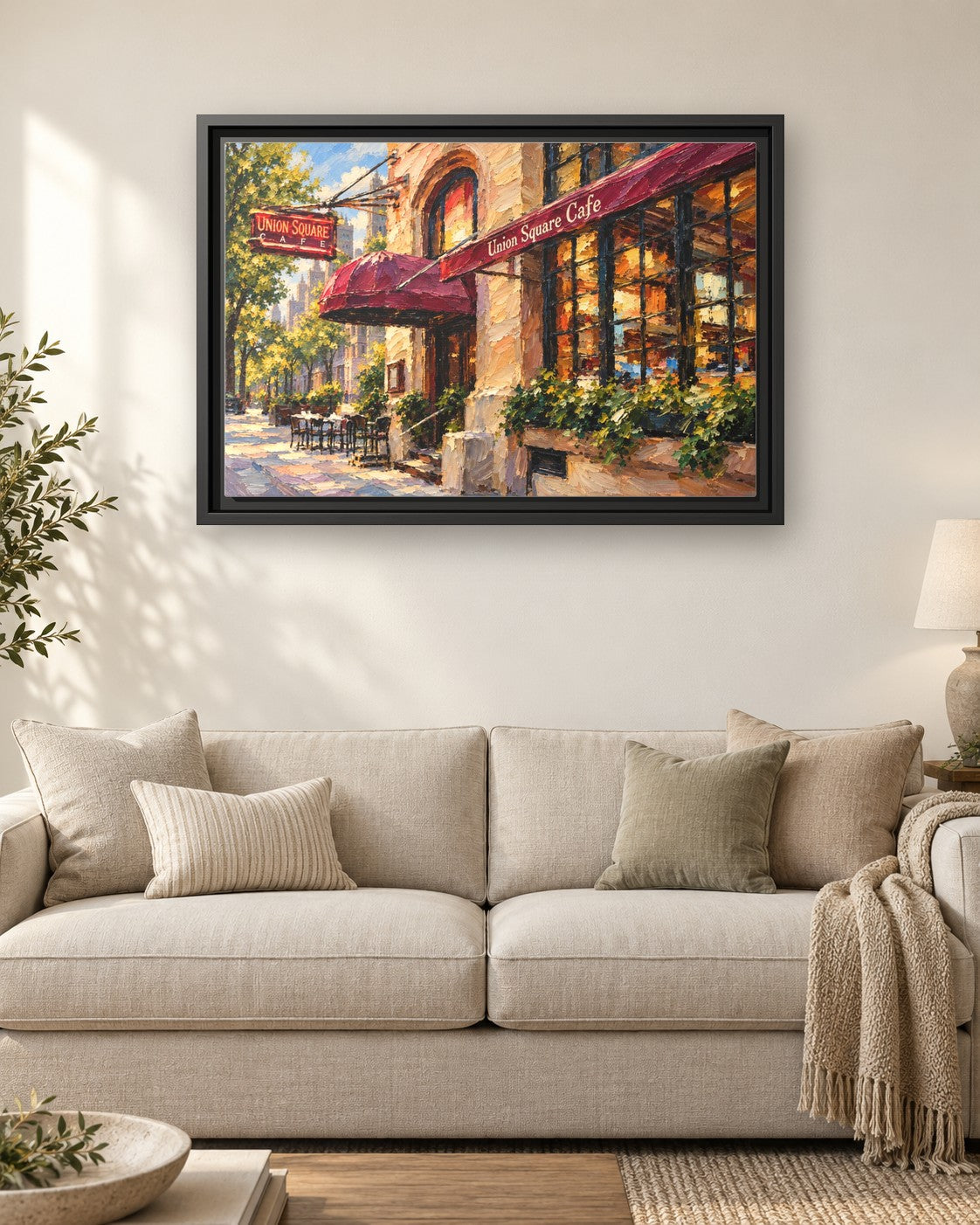 Union Square Cafe framed canvas print hanging above a sofa