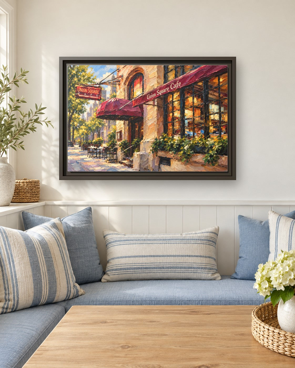 Union Square Cafe framed canvas print in a breakfast nook