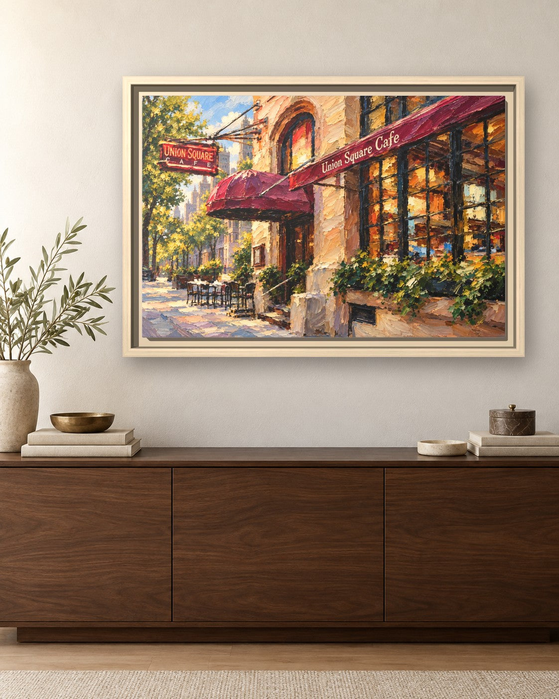 Union Square Cafe framed canvas print hanging above a sideboard
