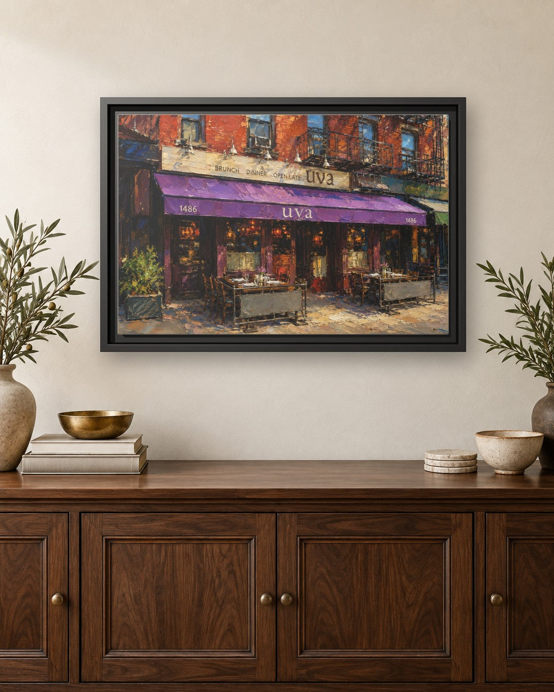 Uva framed canvas print hanging above a credenza