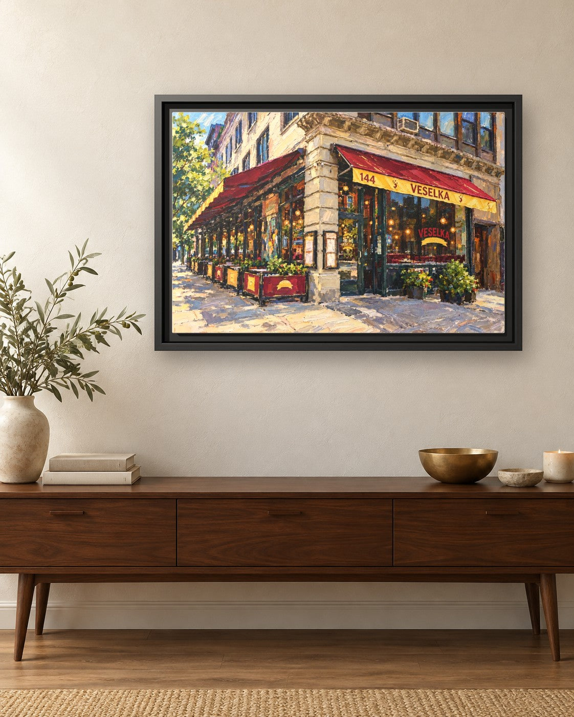 Veselka framed canvas print hanging above a credenza