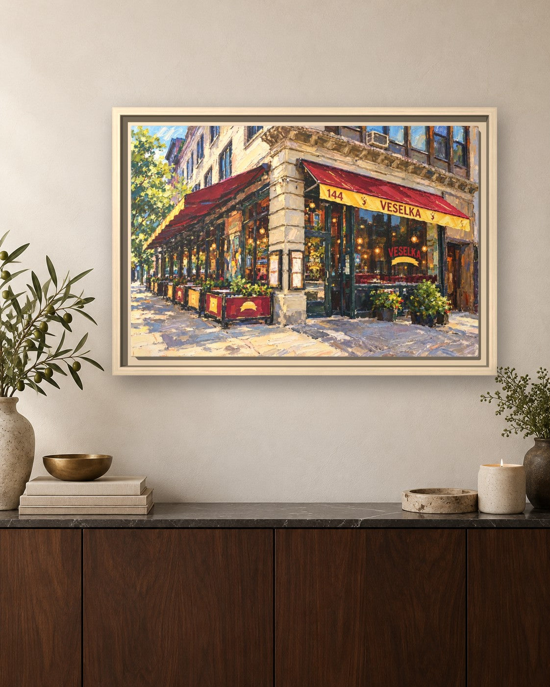 Veselka framed canvas print hanging above a sideboard