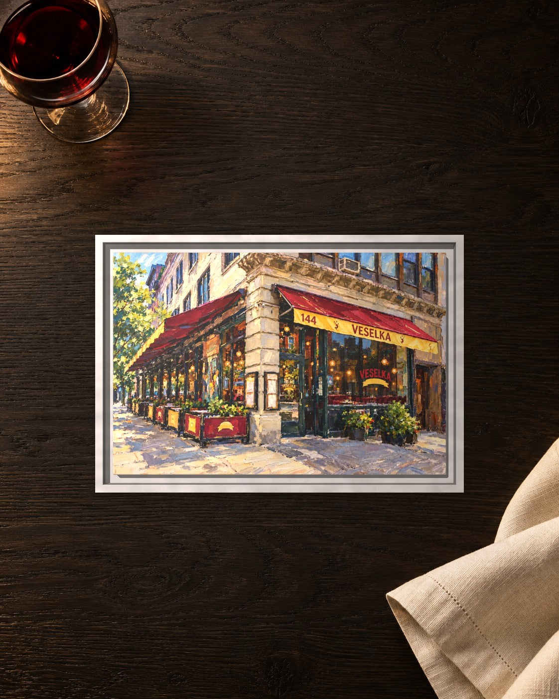 Veselka framed canvas print lying on a table