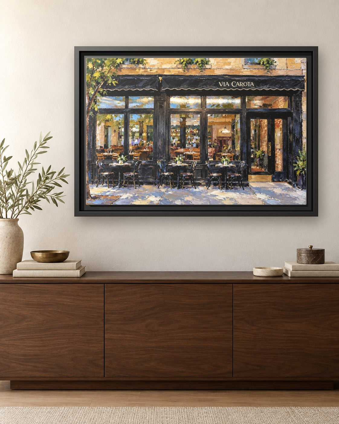 Via Carota framed canvas print hanging above a credenza
