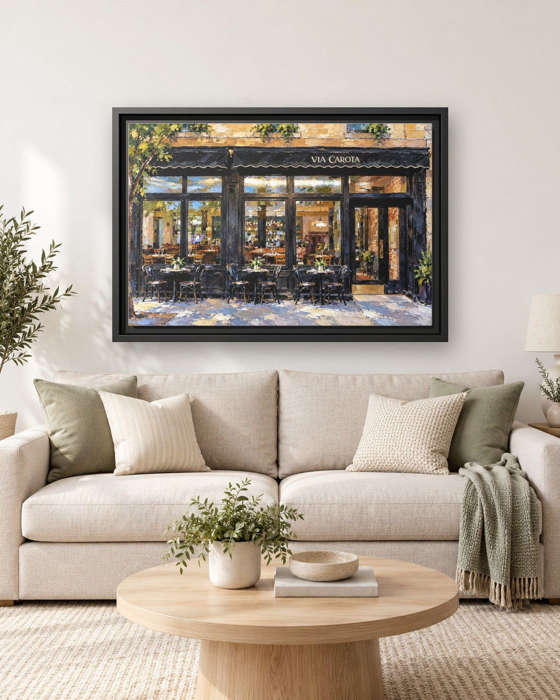 Via Carota framed canvas print hanging above a sofa