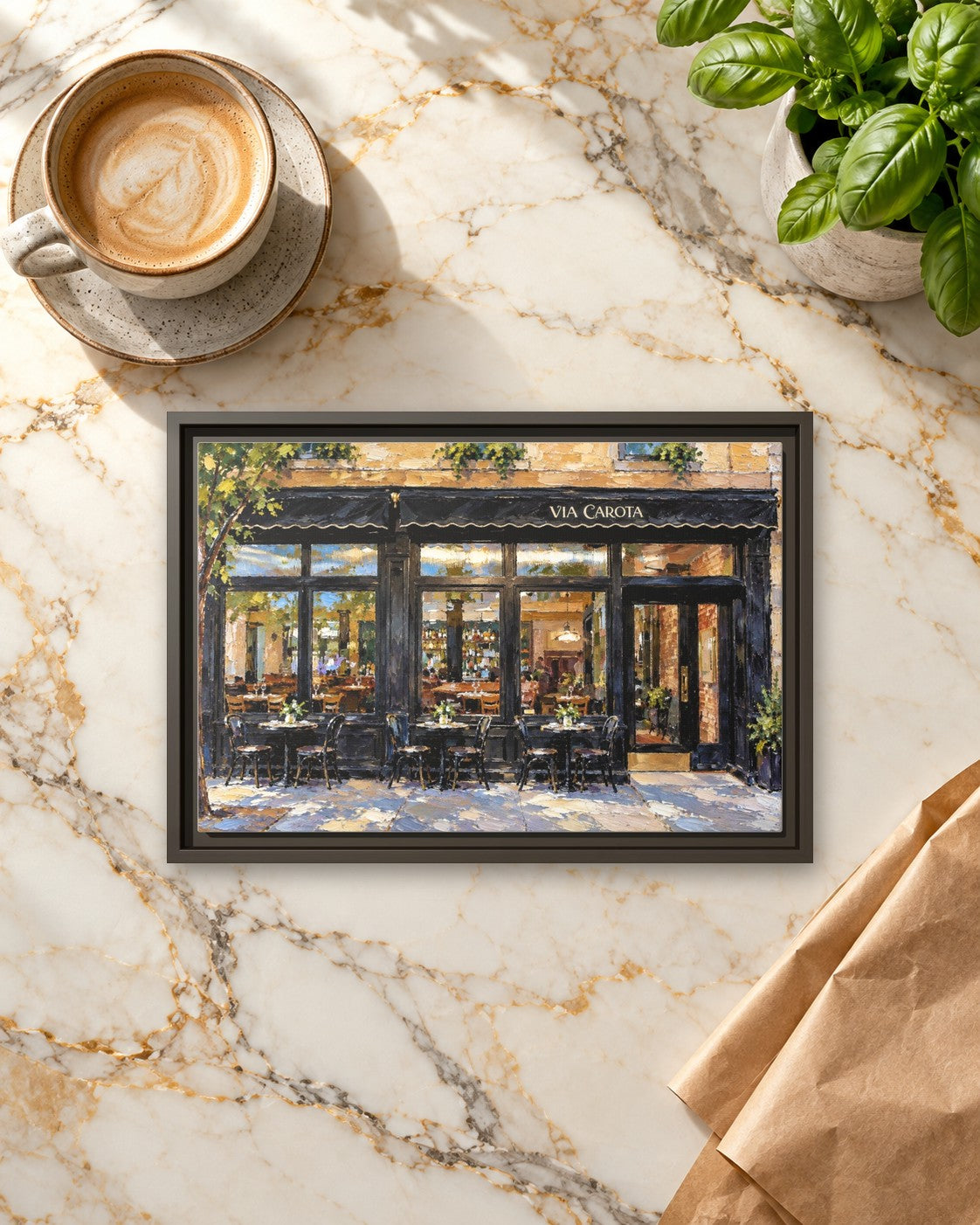 Via Carota framed canvas print lying on a table