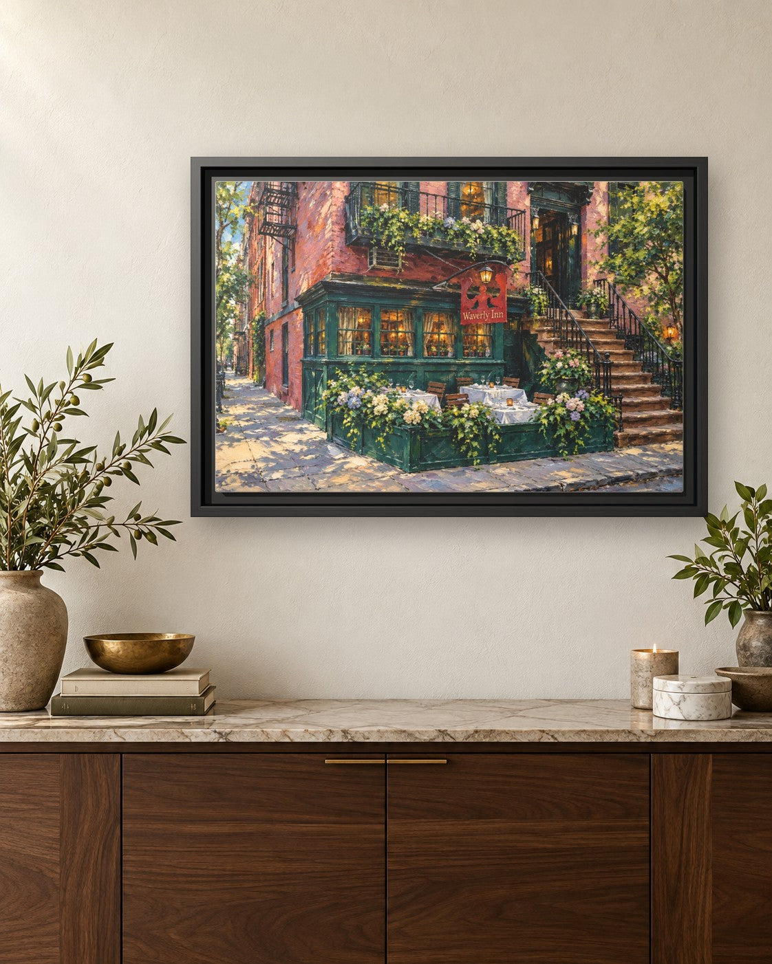 Waverly Inn framed canvas print hanging above a credenza