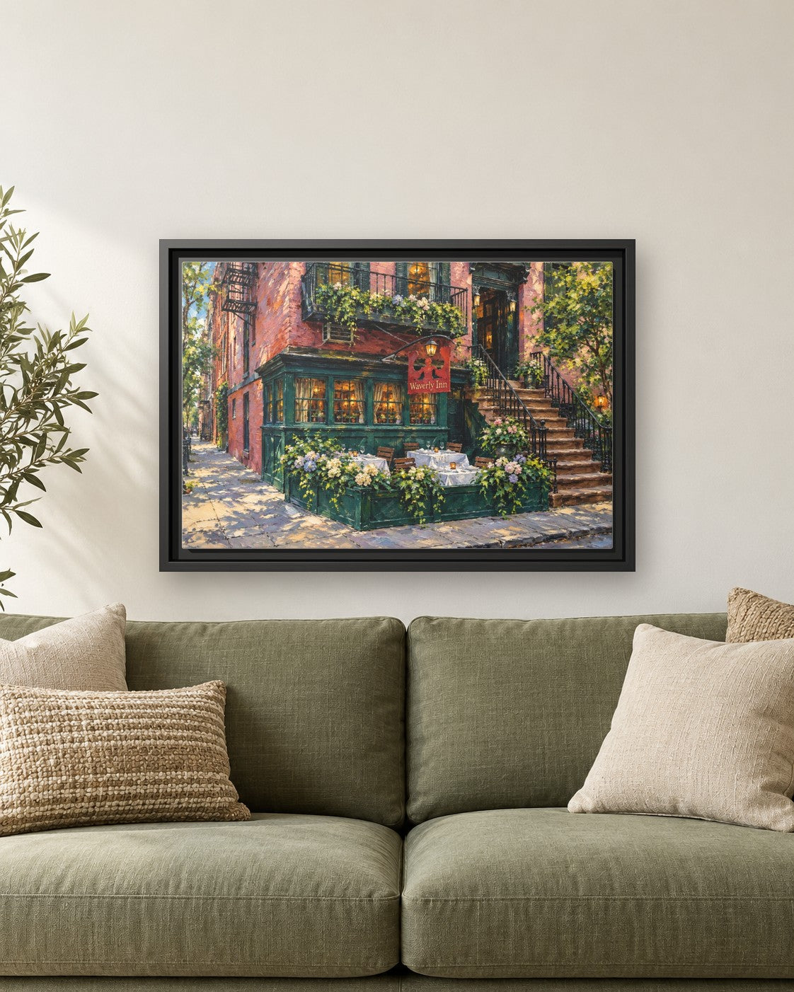 Waverly Inn framed canvas print hanging above a sofa