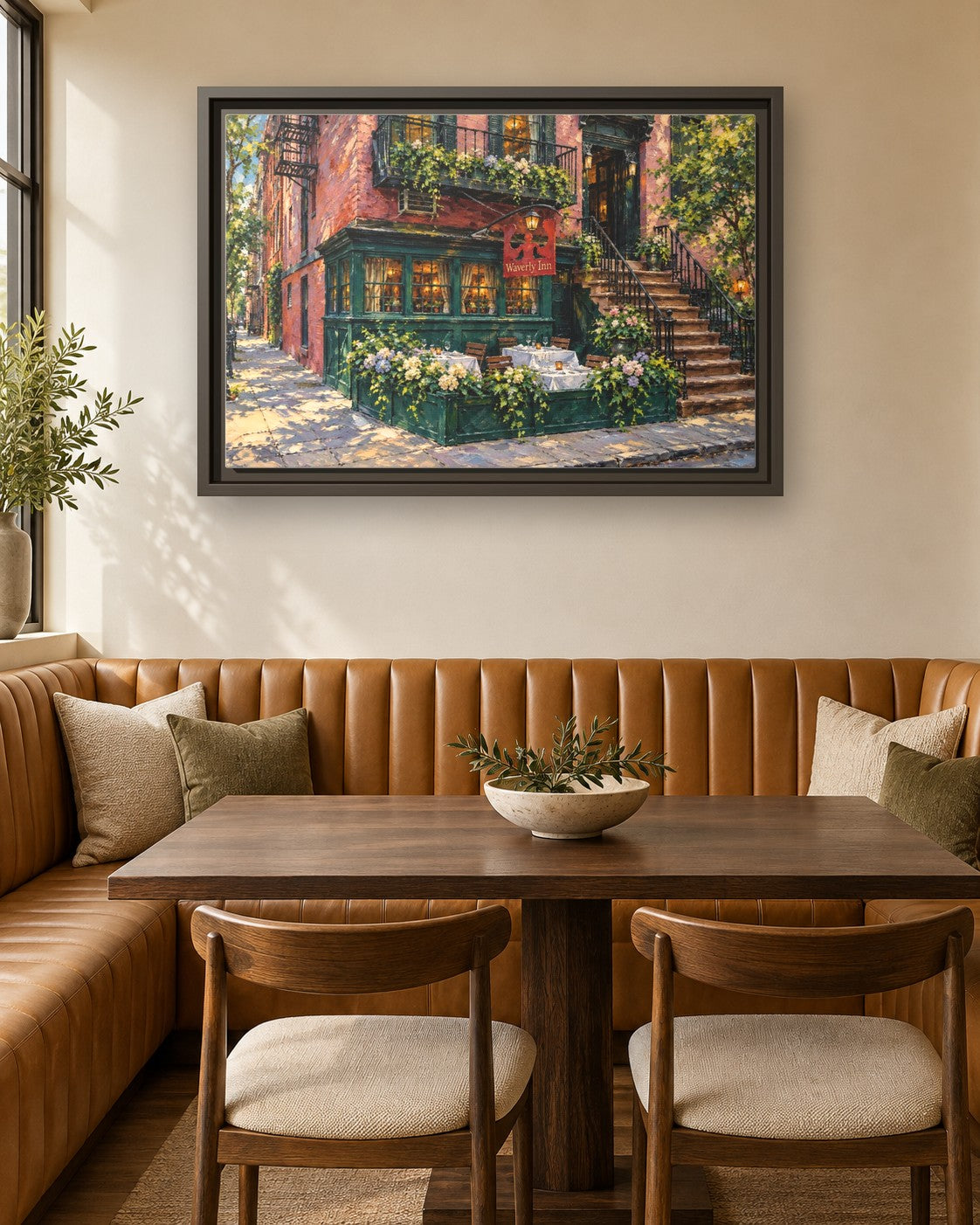Waverly Inn framed canvas print in a breakfast nook