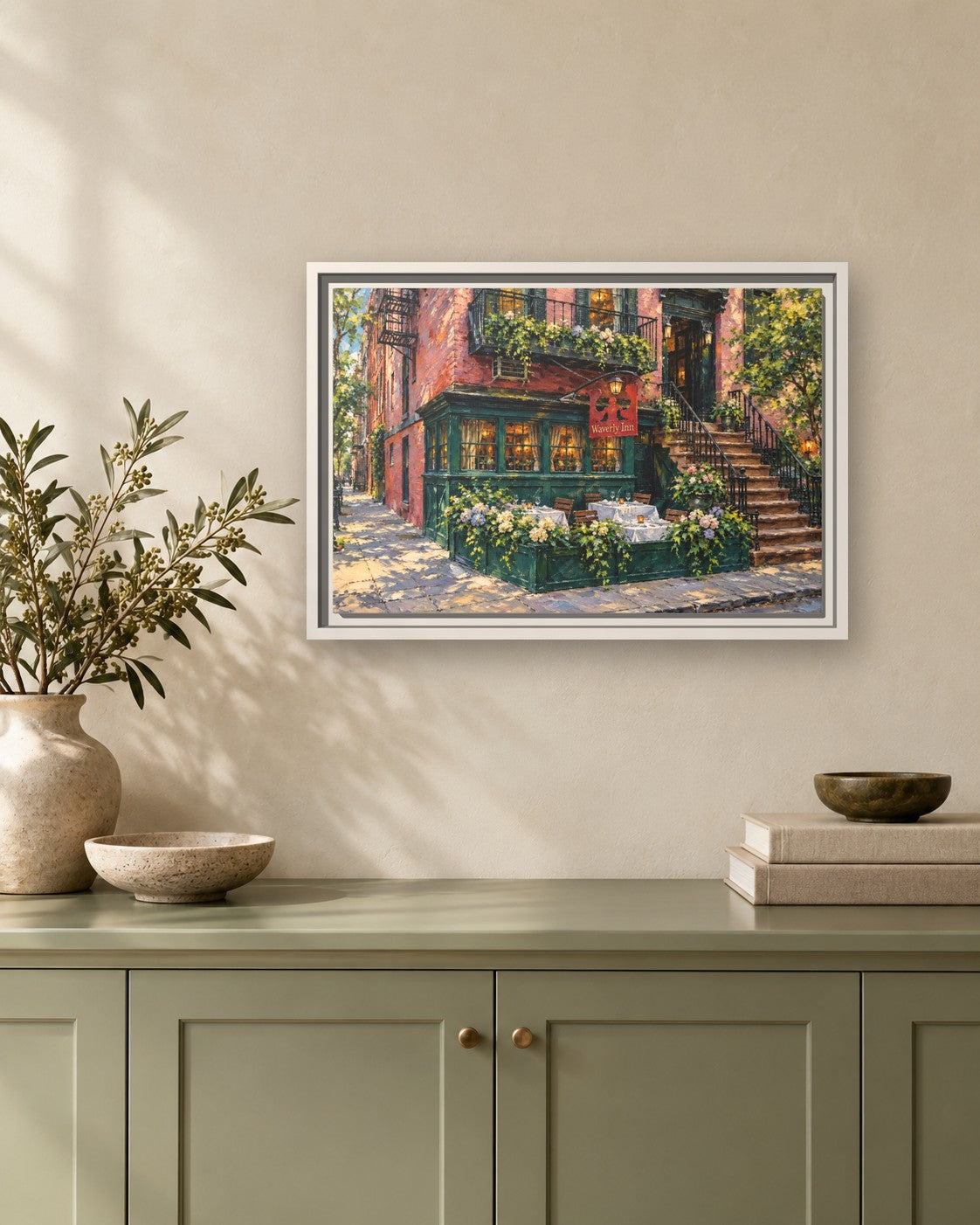 Waverly Inn framed canvas print hanging above a sideboard
