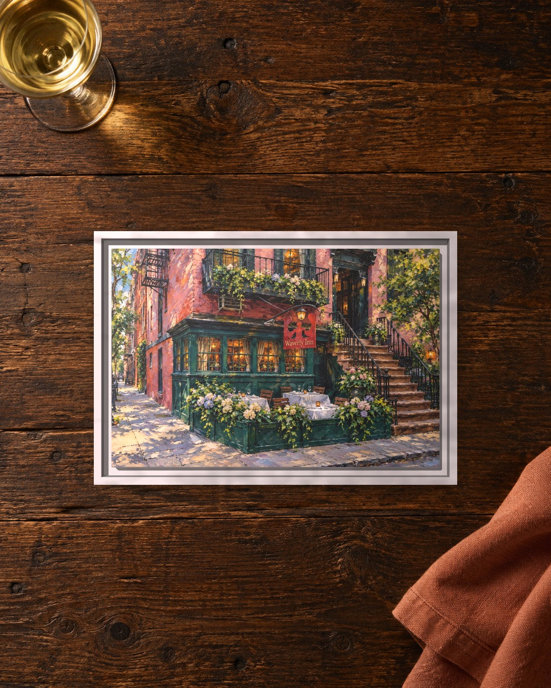 Waverly Inn framed canvas print lying on a table