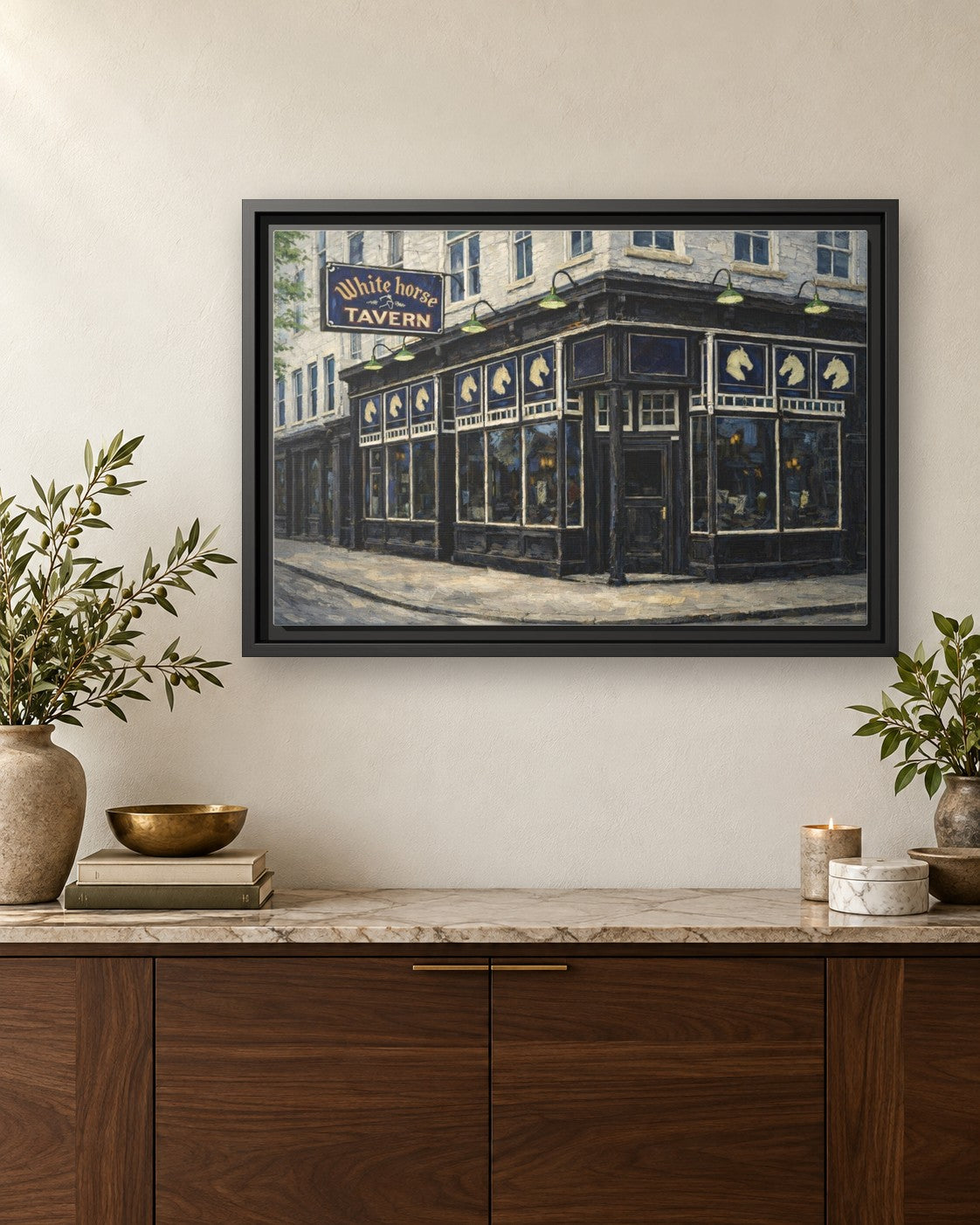 White Horse Tavern framed canvas print hanging above a credenza