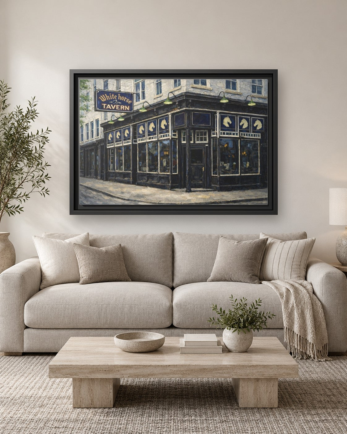 White Horse Tavern framed canvas print hanging above a sofa
