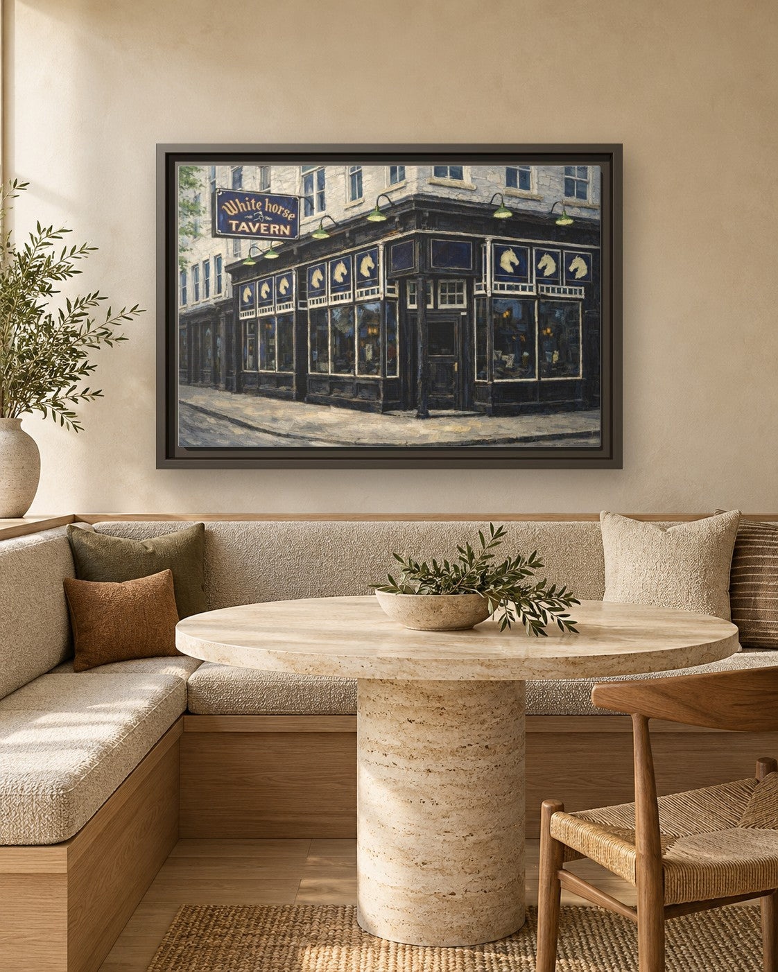 White Horse Tavern framed canvas print in a breakfast nook