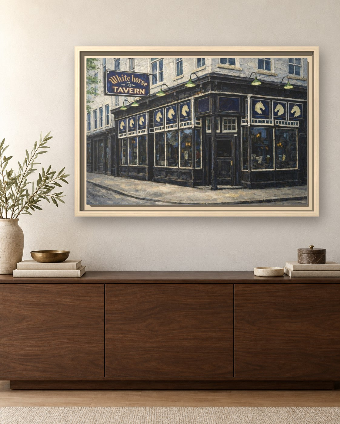 White Horse Tavern framed canvas print hanging above a sideboard