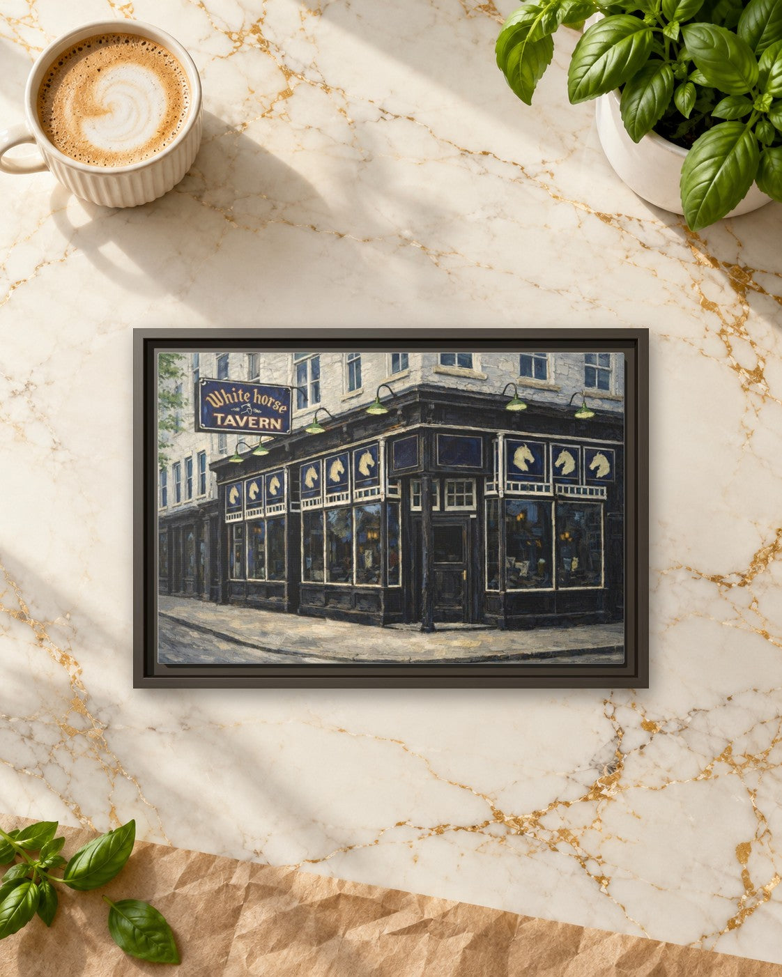 White Horse Tavern framed canvas print lying on a table