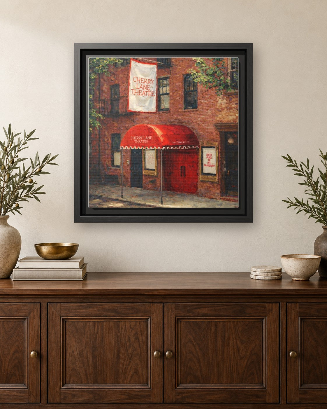 Wild Cherry framed canvas print hanging above a credenza