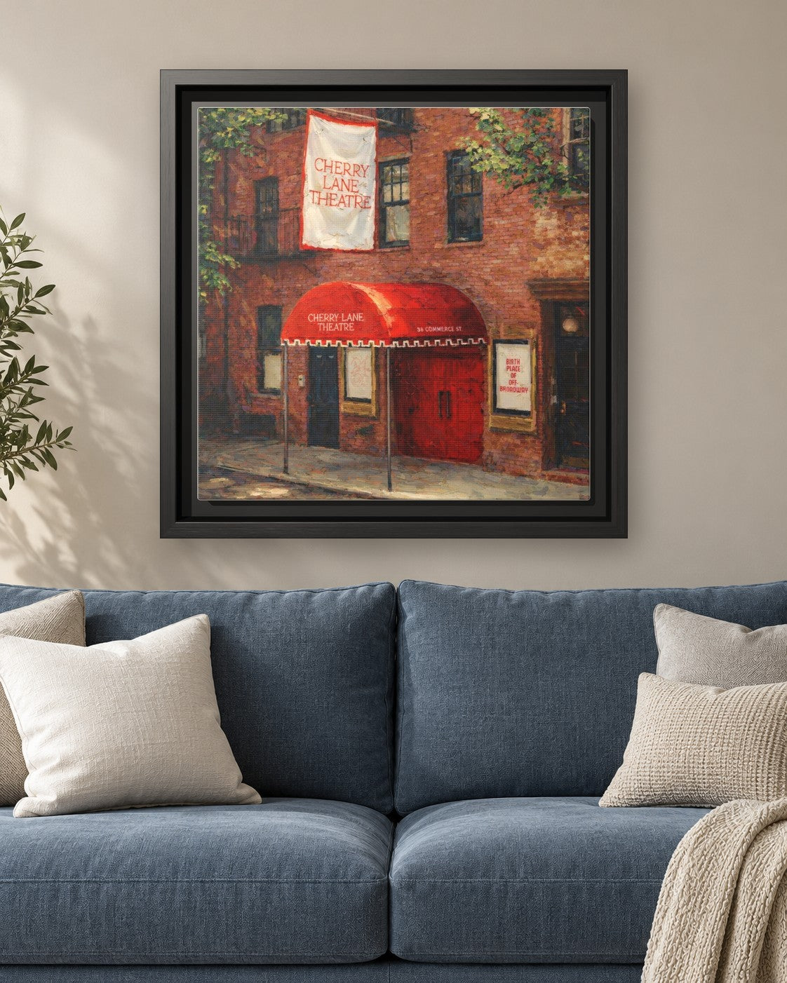 Wild Cherry framed canvas print hanging above a sofa