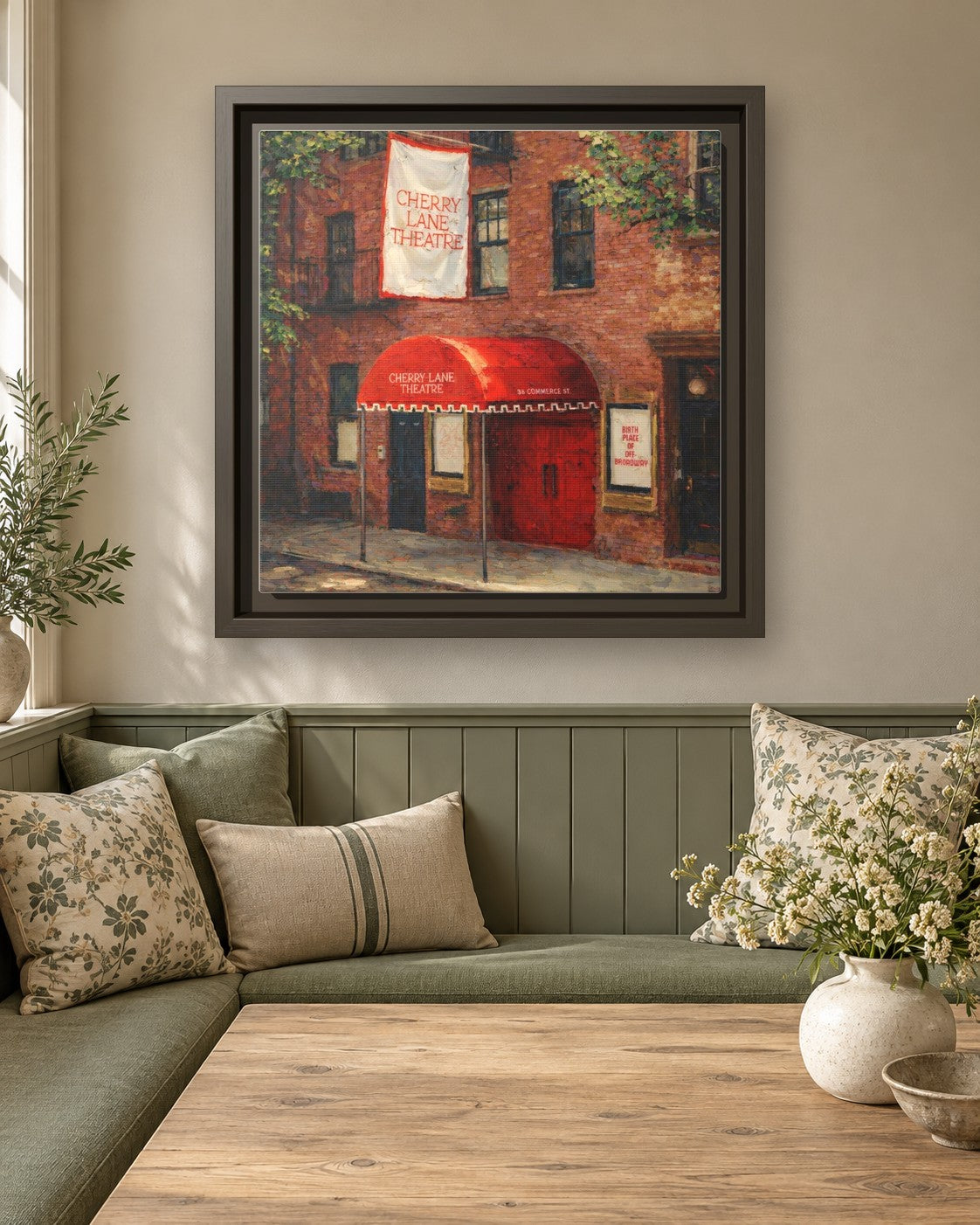 Wild Cherry framed canvas print in a breakfast nook