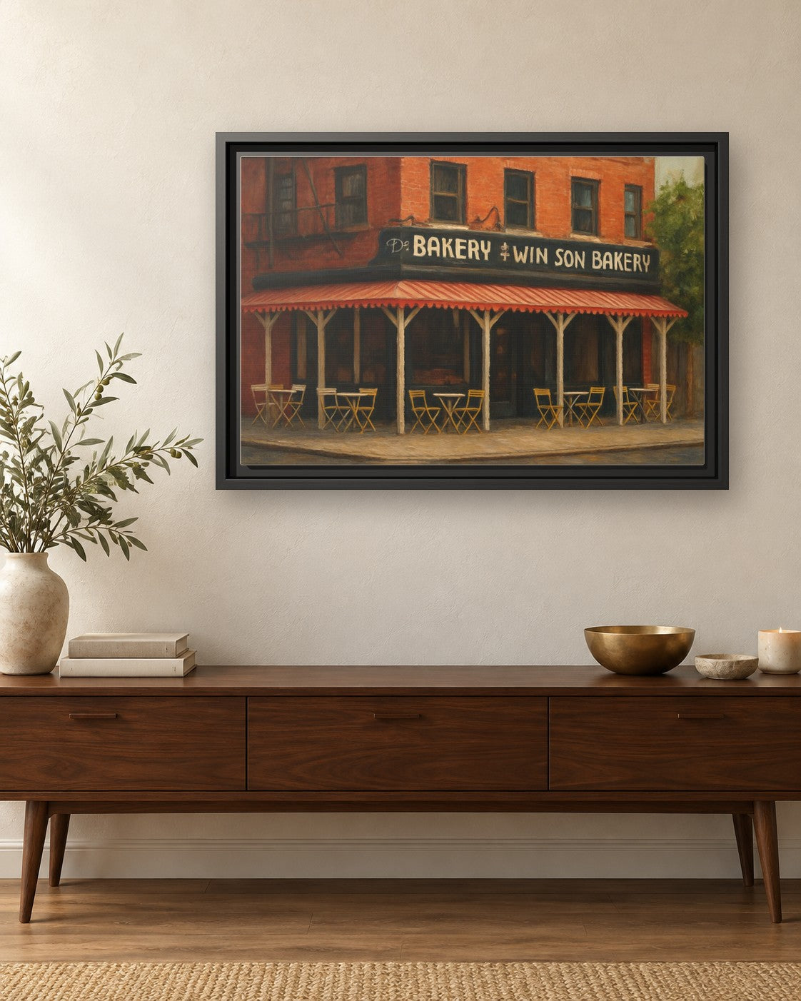Win Son Bakery framed canvas print hanging above a credenza