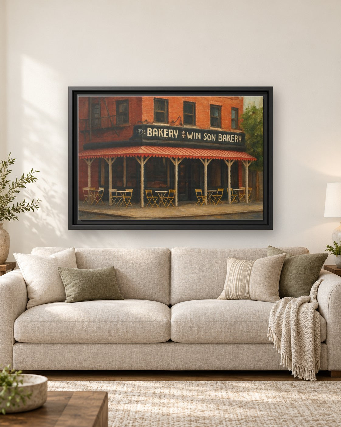 Win Son Bakery framed canvas print hanging above a sofa