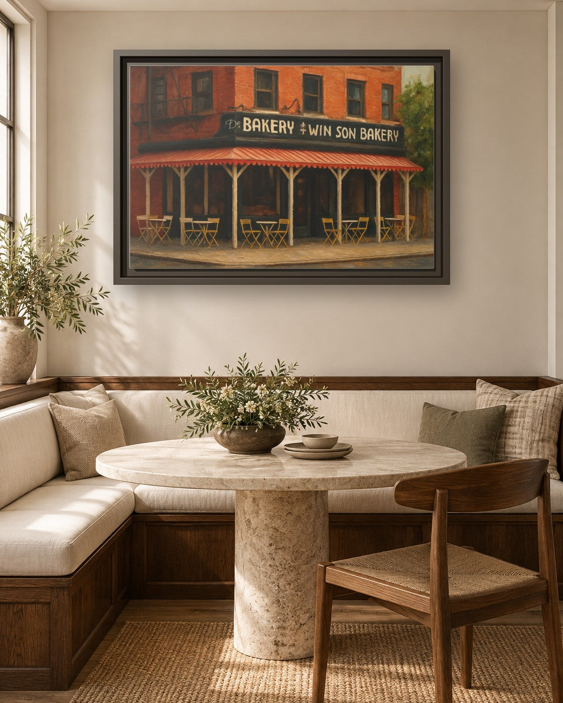 Win Son Bakery framed canvas print in a breakfast nook
