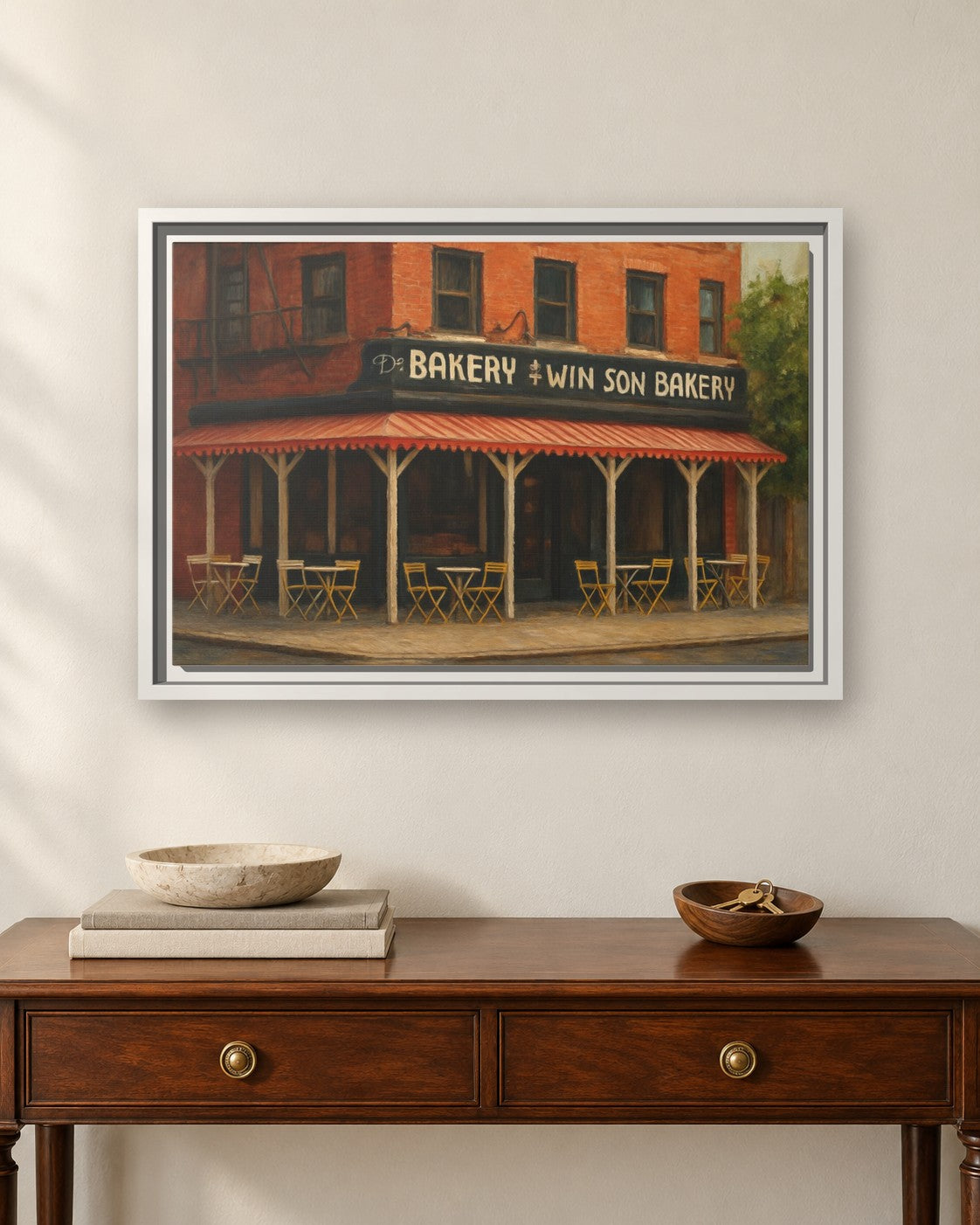 Win Son Bakery framed canvas print hanging above a sideboard