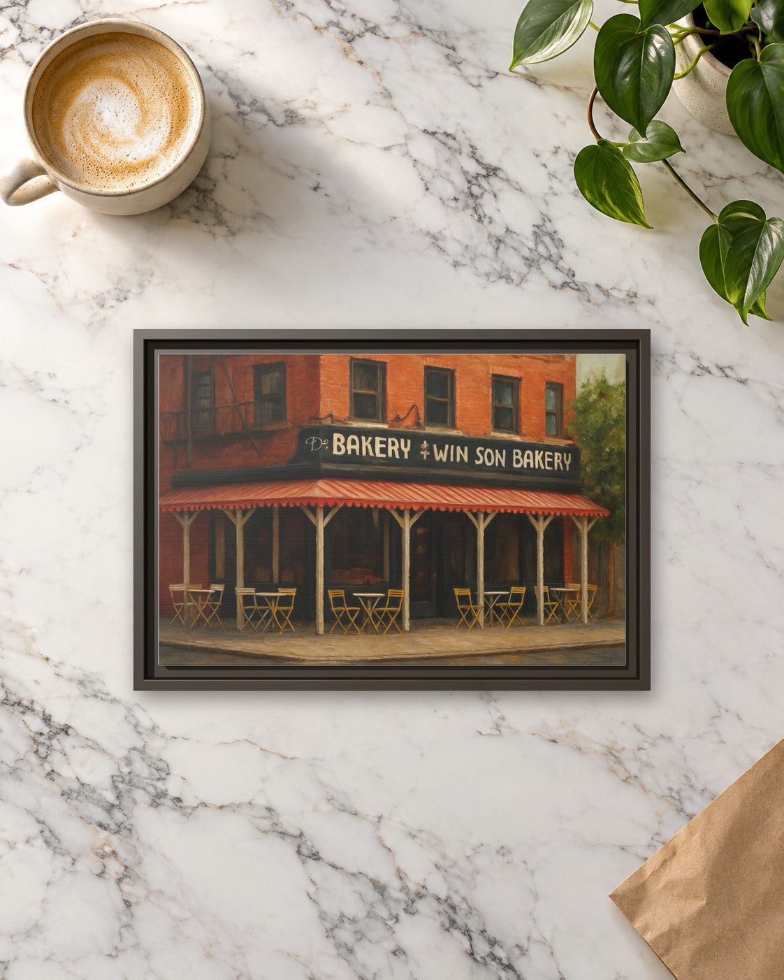 Win Son Bakery framed canvas print lying on a table