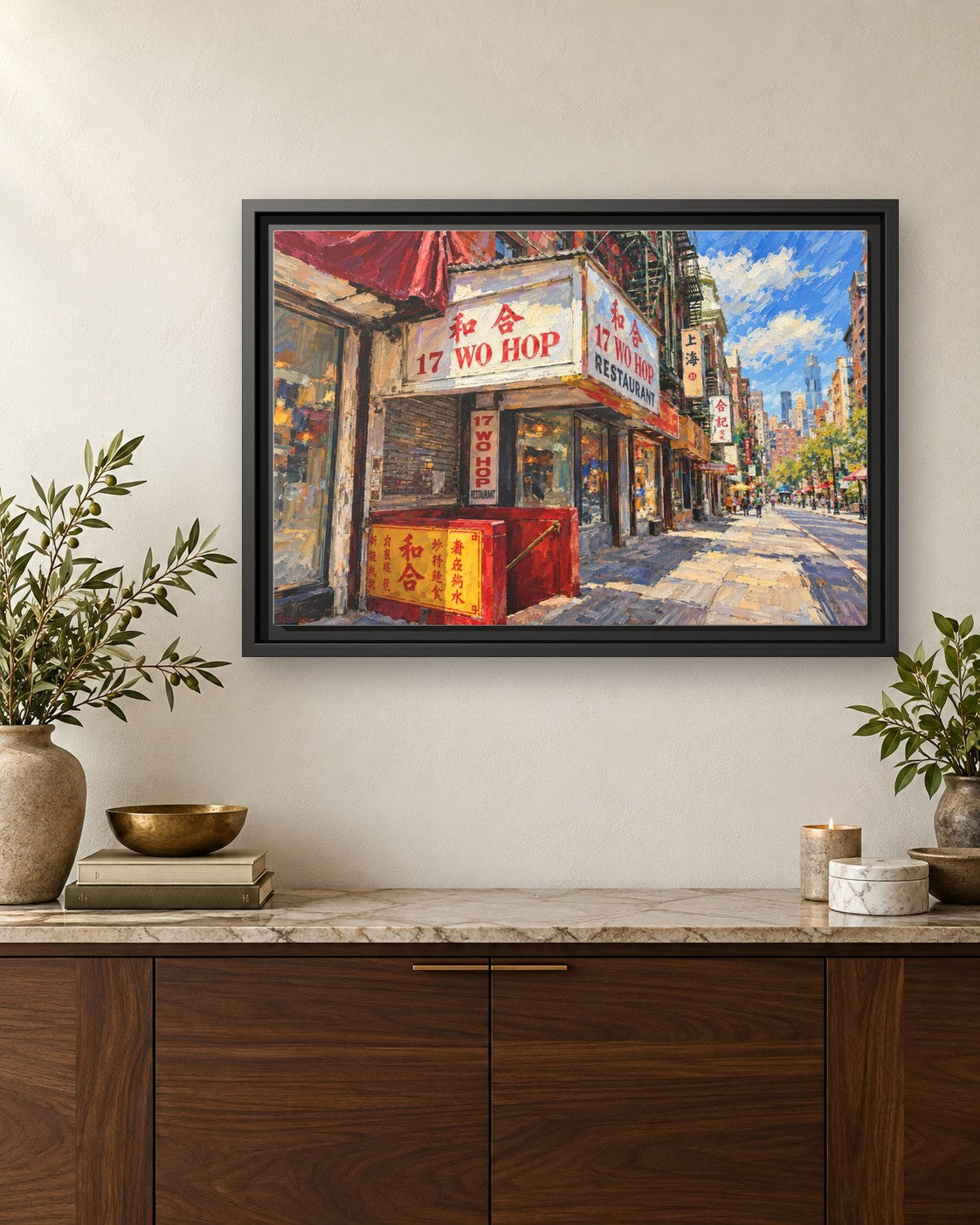 Wo Hop framed canvas print hanging above a credenza