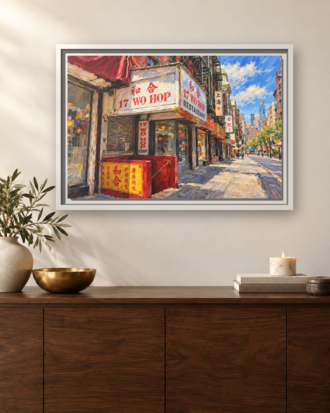 Wo Hop framed canvas print hanging above a sideboard