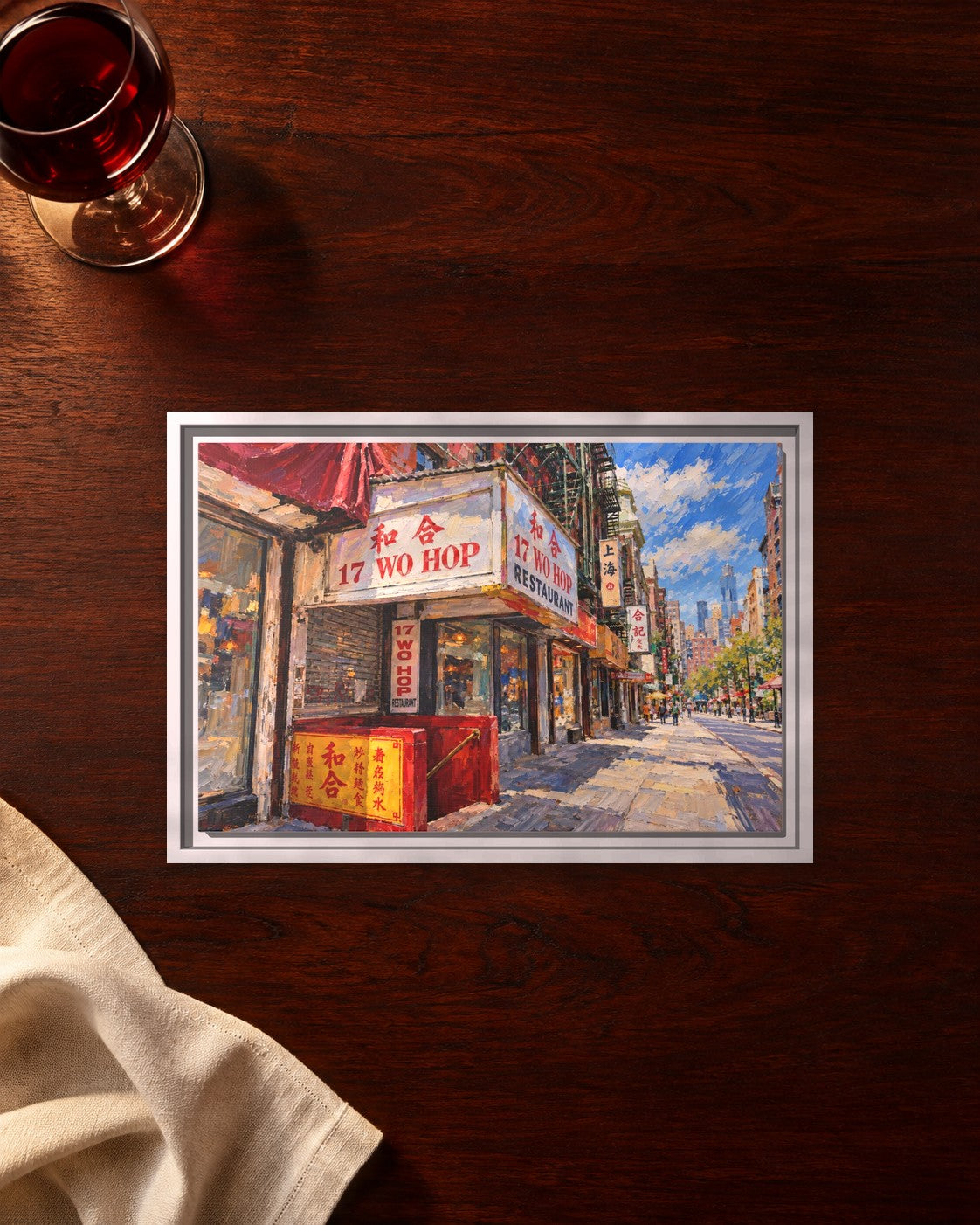 Wo Hop framed canvas print lying on a table