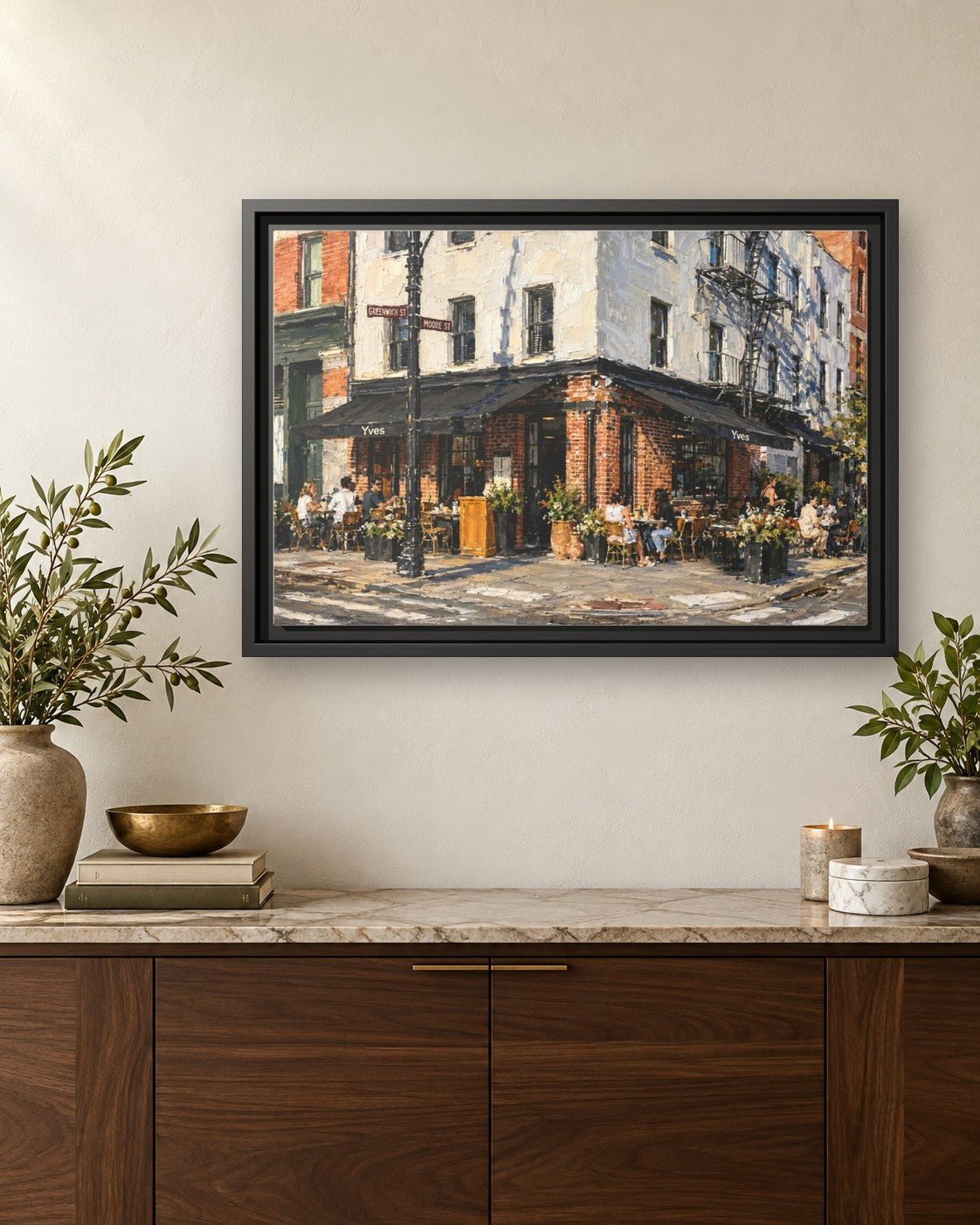 Yves Cafe framed canvas print hanging above a credenza