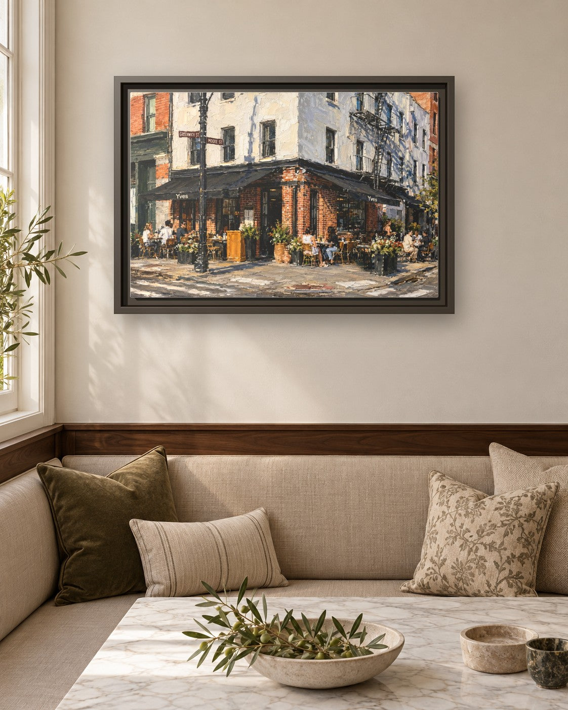 Yves Cafe framed canvas print in a breakfast nook