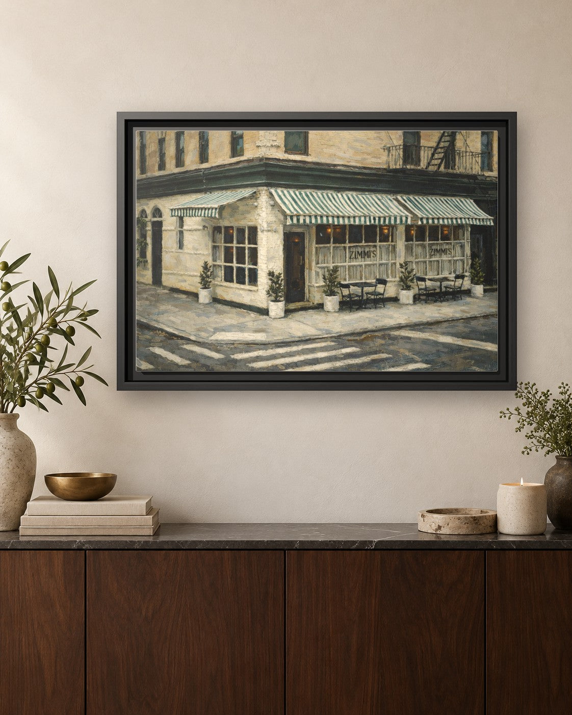Zimmi's framed canvas print hanging above a credenza