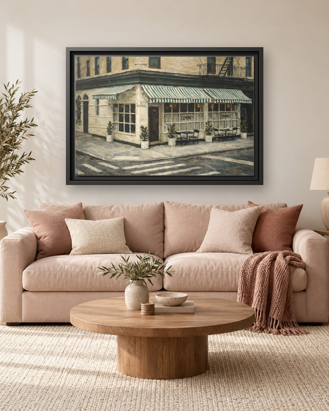 Zimmi's framed canvas print hanging above a sofa