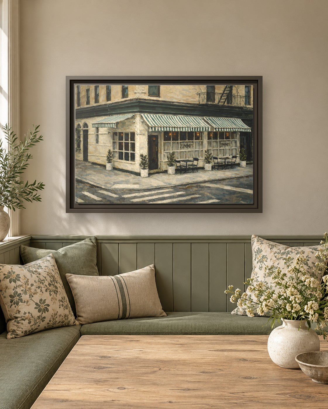 Zimmi's framed canvas print in a breakfast nook