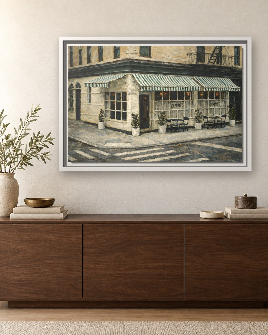 Zimmi's framed canvas print hanging above a sideboard
