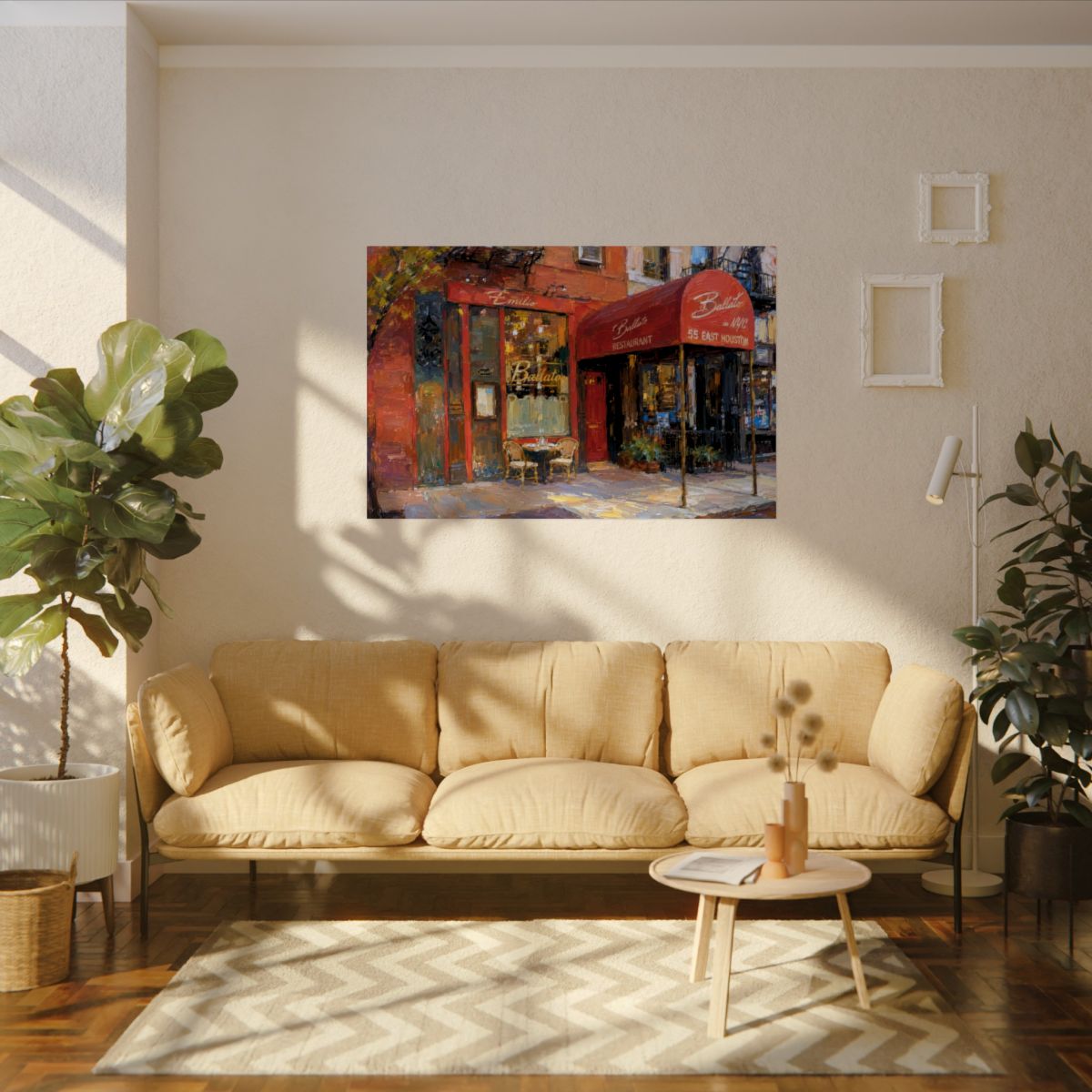 Emilio's Ballato art poster on the wall above a sofa