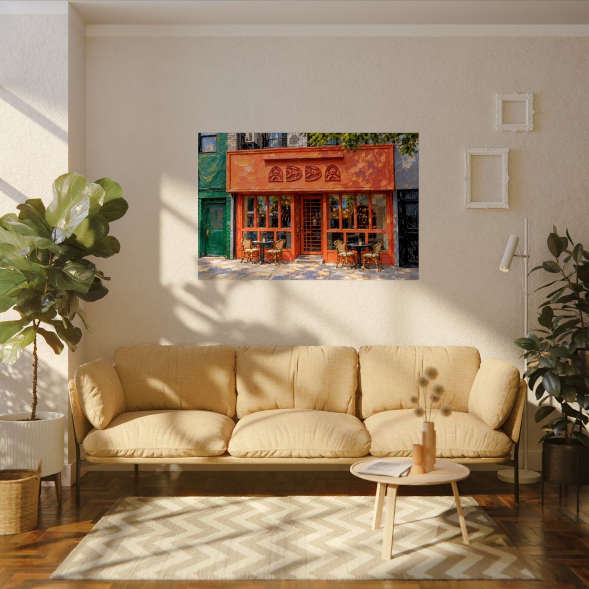 Adda art poster on the wall above a sofa