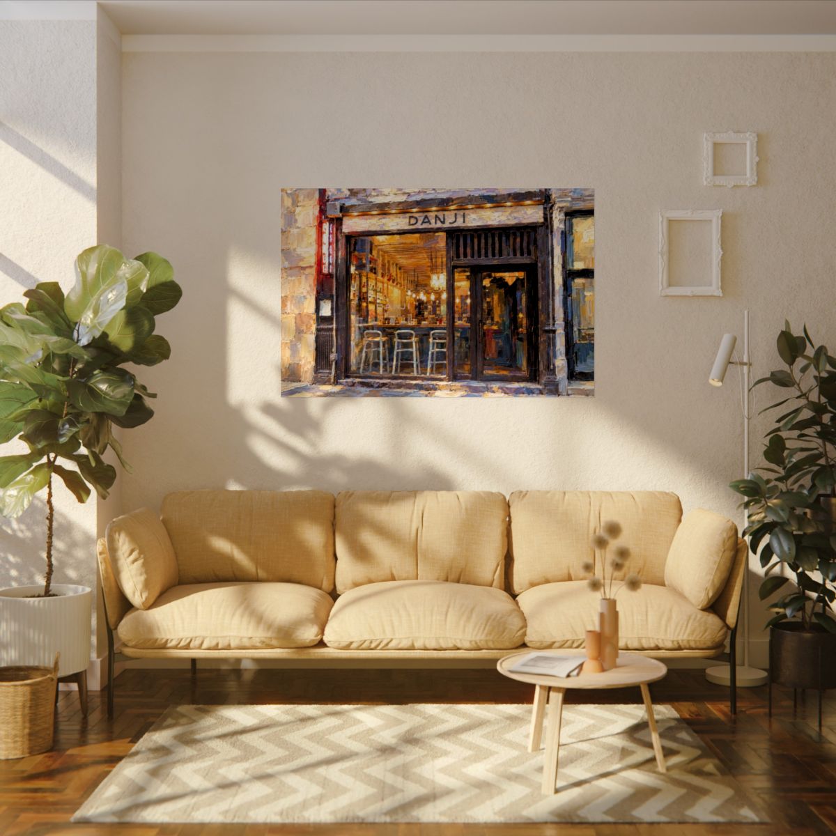 Danji art poster on the wall above a sofa