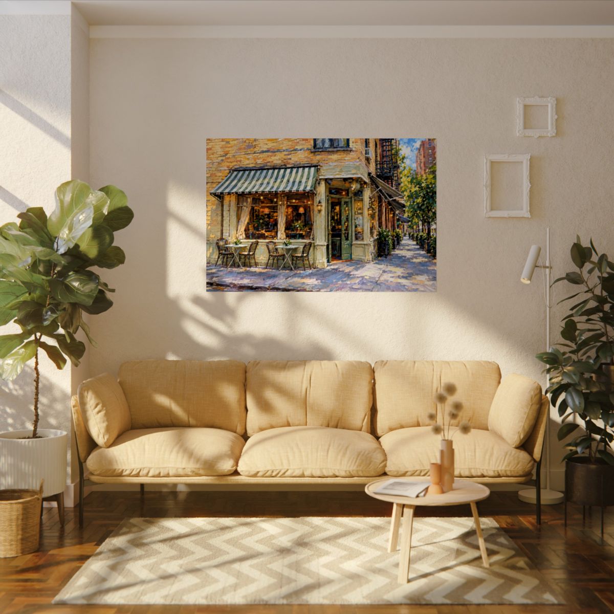 Cafe Cluny art poster on the wall above a sofa